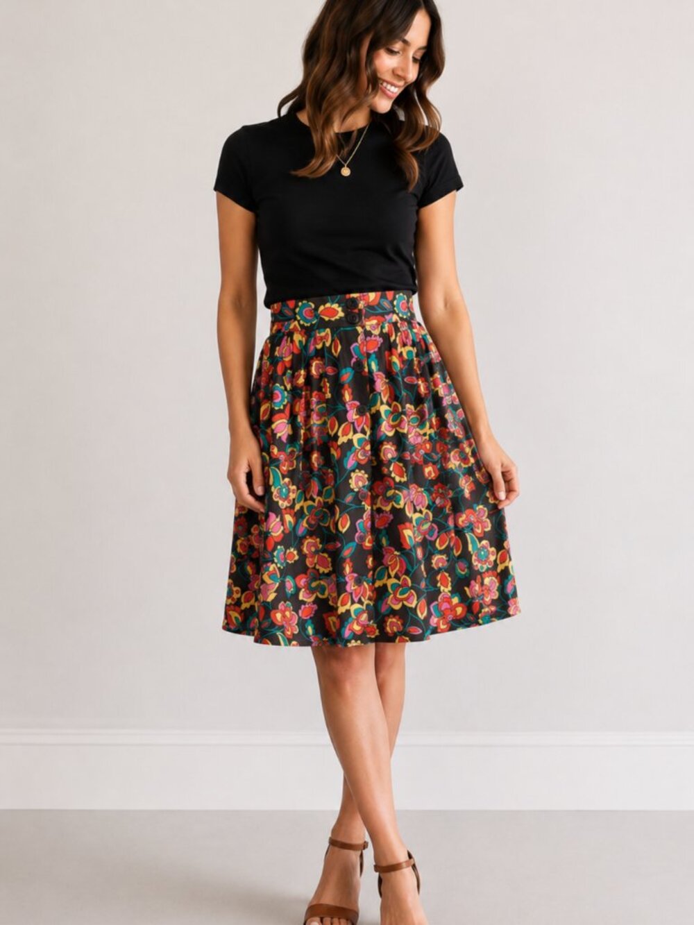 ModCloth Floral A-Line Skirt Black Multicolor Rayon Linen Size XS